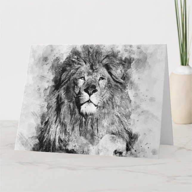 Carte De Remerciements Portrait noir et blanc du lion mâle (Devant)