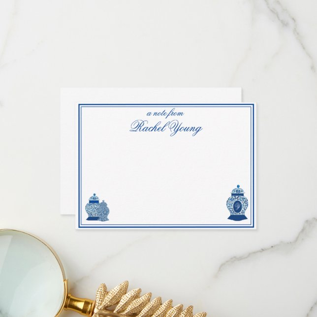 Carte De Remerciements Pot à gingembre de chinoiserie de Versailles Monog (Devant/Arrière en situation)