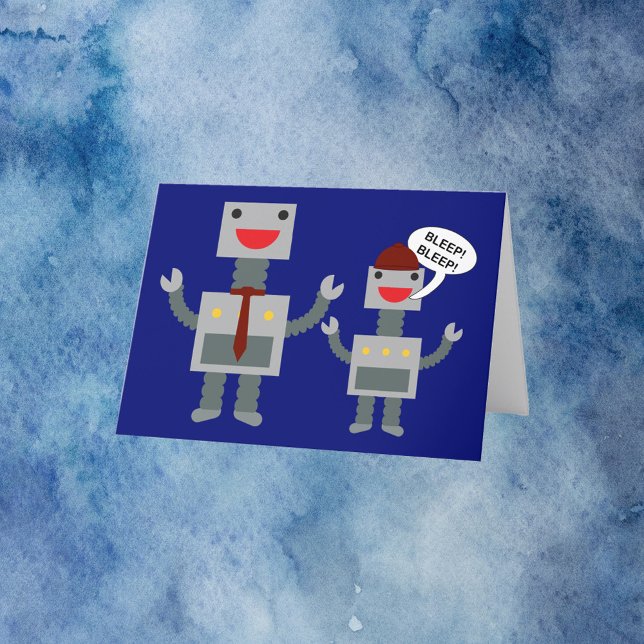 Carte De Remerciements Pour Papa De Son Fête des pères Drôle Robot (A funny Father's Day card featuring a dad robot and a son robot.)