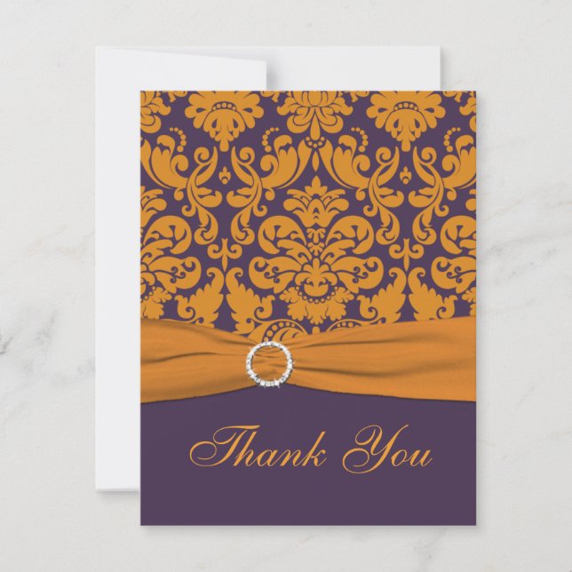 Carte de remerciements pourpre et orange Damas (Devant)