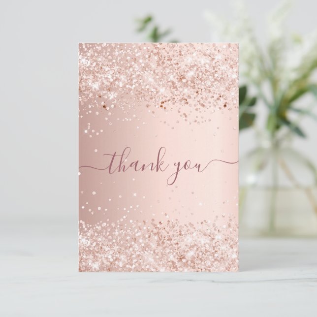 Carte De Remerciements Poussière de paillettes or rose pour anniversaire  (Debout devant)