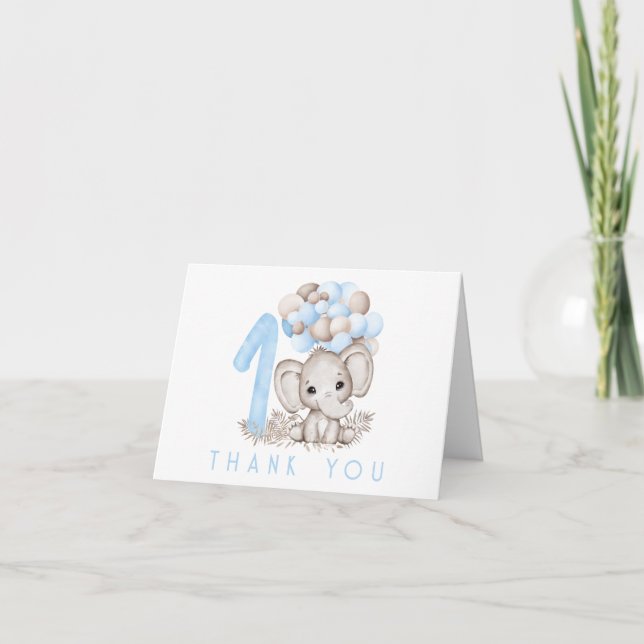 Carte De Remerciements Premier Anniversaire Eléphant Cute En Bleu (Devant)
