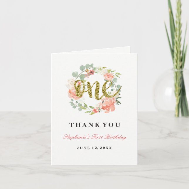 Carte De Remerciements Premier anniversaire Pink Gold Floral Wreath (Devant)
