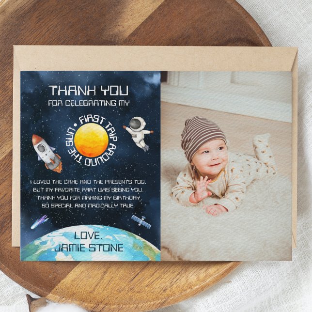 Carte De Remerciements Premier Tour Autour Du Soleil 1er Anniversaire Thè (First Trip Around The Sun Space Theme 1st Birthday Thank You Card)