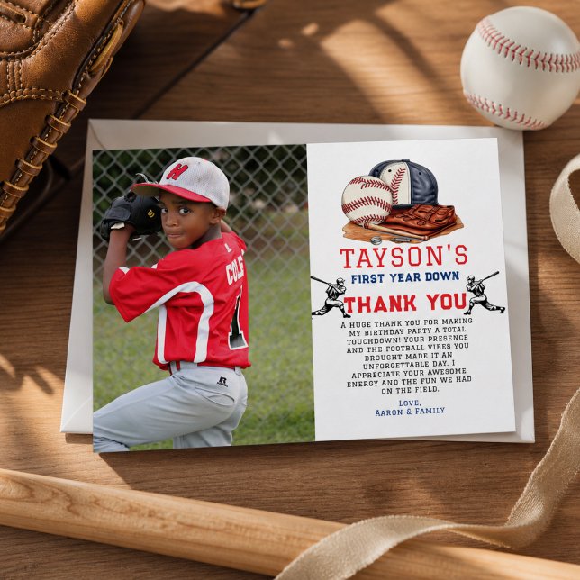 Carte De Remerciements Première année de baseball pour son 1er anniversai (First Year Down Baseball 1st Birthday Thank You Card)