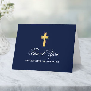 Carte De Remerciements Première Communion Bleue et Or Plié