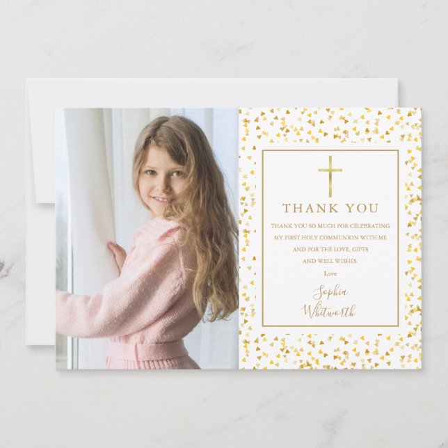 Carte De Remerciements Première Communion Coeurs d'or Confetti Photo (Devant)