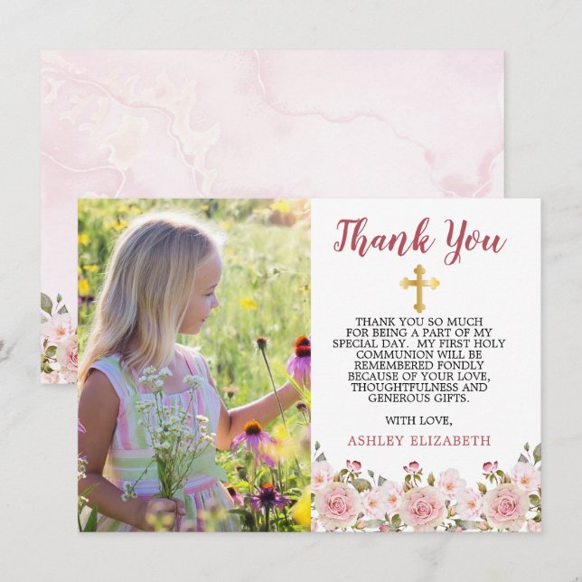 Carte De Remerciements Première communion d'aquarelle rose des roses  (Devant / Derrière)
