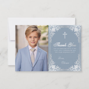 Carte De Remerciements Première communion Dusty Blue Boy Photo Croix Vint