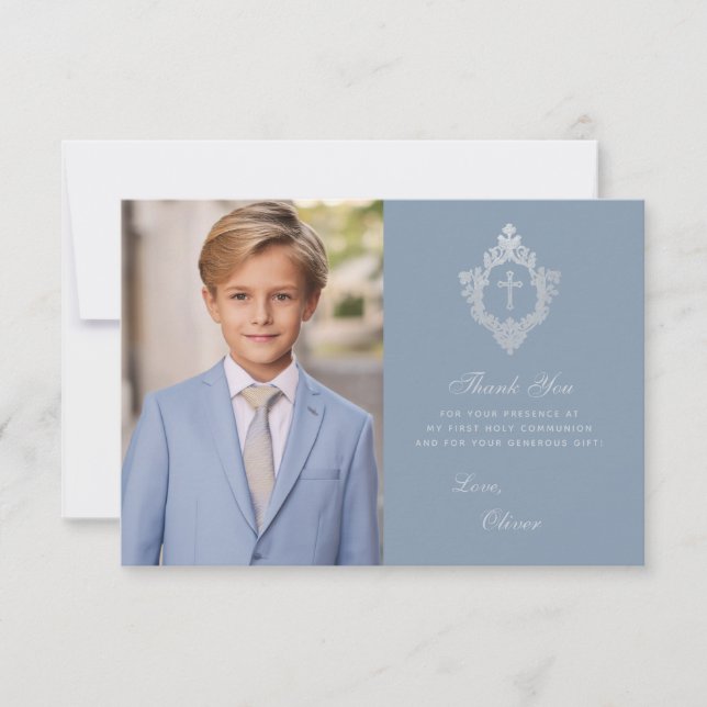 Carte De Remerciements Première communion Dusty Blue Elegant Boy Photo Cr (Devant)