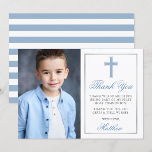 Carte De Remerciements Première Communion Lumière Bleu Argent rayé