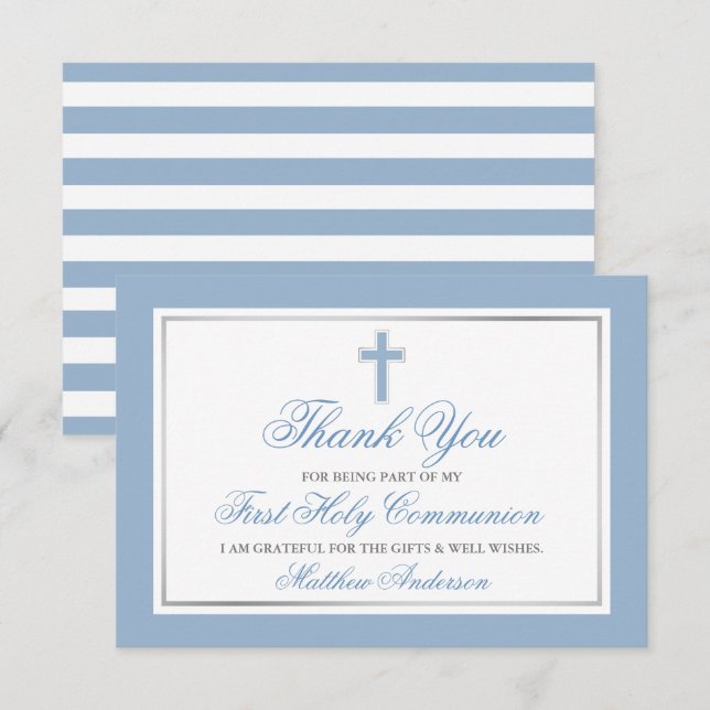 Carte De Remerciements Première Communion Lumière Bleu Argent rayé (Devant / Derrière)