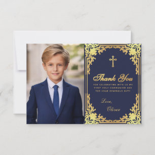Carte De Remerciements Première communion Marine Blue Gold Vintage Boy Ph
