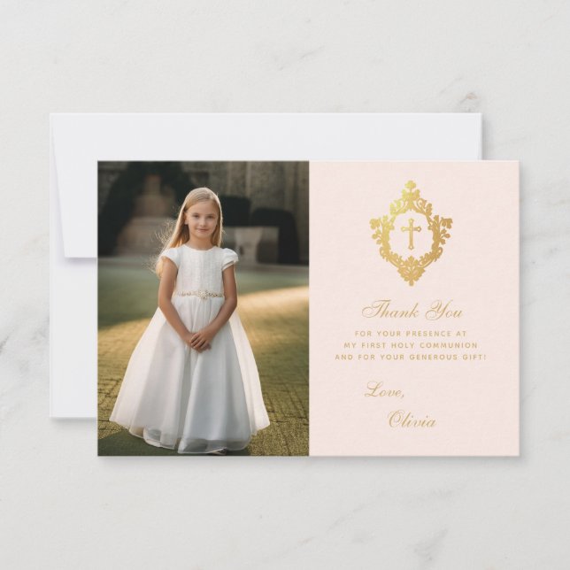 Carte De Remerciements Première Communion Or Rose Élégant Photo de Blason (Devant)