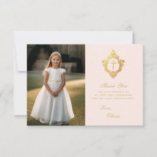 Carte De Remerciements Première Communion Or Rose Élégant Photo de Blason