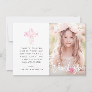 Carte De Remerciements Première Communion rose Floral Croix Script photo
