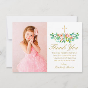Carte De Remerciements Première communion rose Floral Gold Cross photo