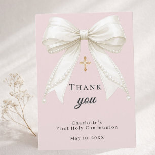 Carte De Remerciements Première communion ruban dusty blush rose perles i