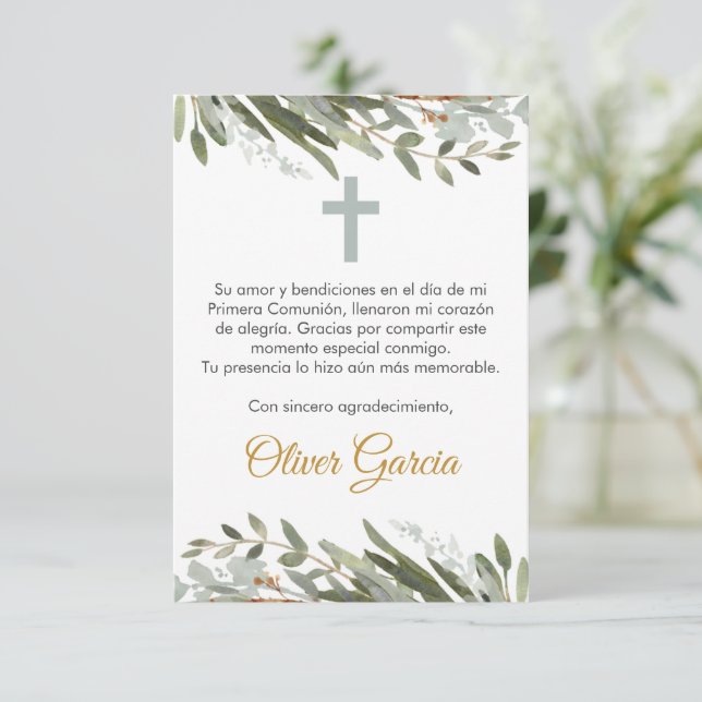 Carte De Remerciements Première communion verte mignonne en espagnol modi (Debout devant)