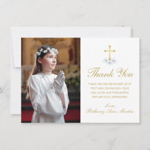 Carte De Remerciements Première communion White Floral Gold Cross Photo