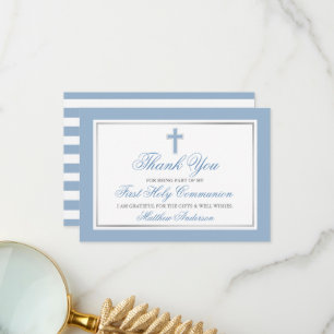 Carte De Remerciements Première Sainte Communion Bleu Clair Rayé Argent