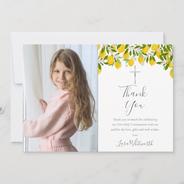Carte De Remerciements Première Sainte Communion Citrons Croix d'argent P (Devant)