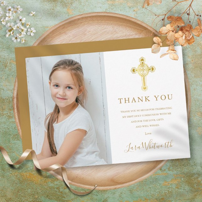 Carte De Remerciements Première Sainte Communion Croix d'or Signature Pho (First Holy Communion Gold Cross Signature Photo Thank You Card)
