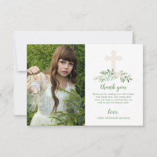 Carte De Remerciements Première sainte communion élégante de rose blanc