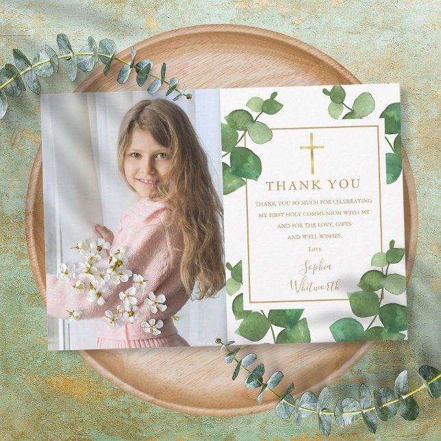 Carte De Remerciements Première Sainte Communion Eucalyptus Green Photo (Créateur téléchargé)