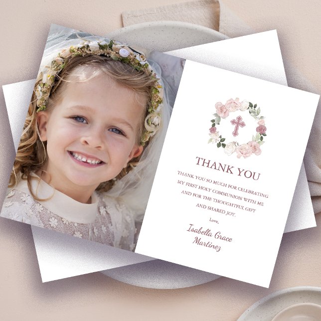 Carte De Remerciements Première Sainte Communion Photo Fleur rose rose (Créateur téléchargé)