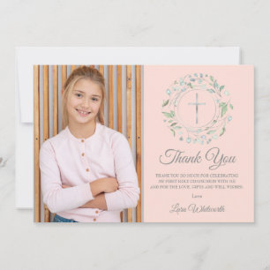 Carte De Remerciements Première Sainte Communion Rose Pâle Photo Argent