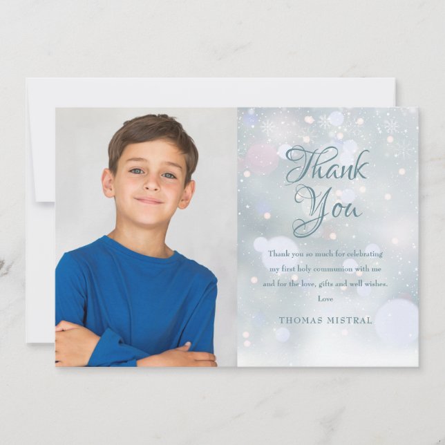 Carte De Remerciements Premiers Snowflakes Première communion sainte (Devant)