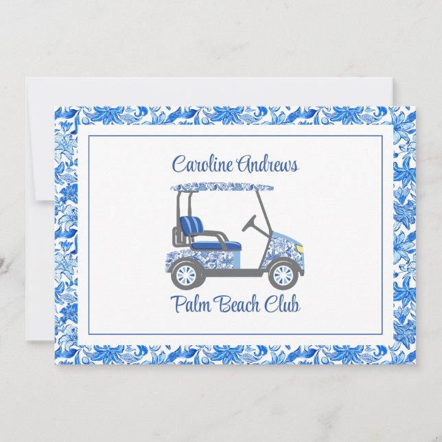Carte De Remerciements Preppy Blue Flowers Palm Beach Golf Cart (Devant)