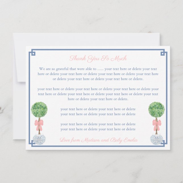 Carte De Remerciements Preppy Boxwood rose Bow Petit Baby shower fille (Devant)