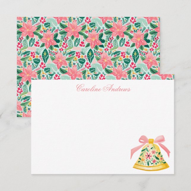 Carte De Remerciements Preppy Pink & Green Palm Beach Christmas Bell (Devant / Derrière)