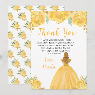Carte De Remerciements Princesse aux Cheveux Blonds Quinceanera Floral Or