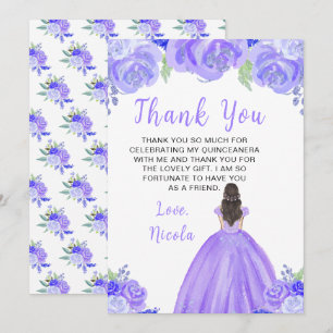 Carte De Remerciements Princesse aux Cheveux Bruns Robe Florale Violette