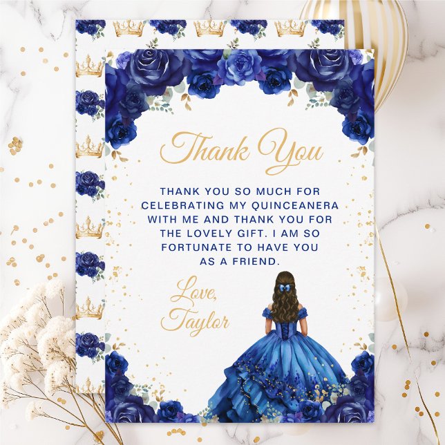 Carte De Remerciements Princesse Bleu foncé Floral Quinceañera (Créateur téléchargé)