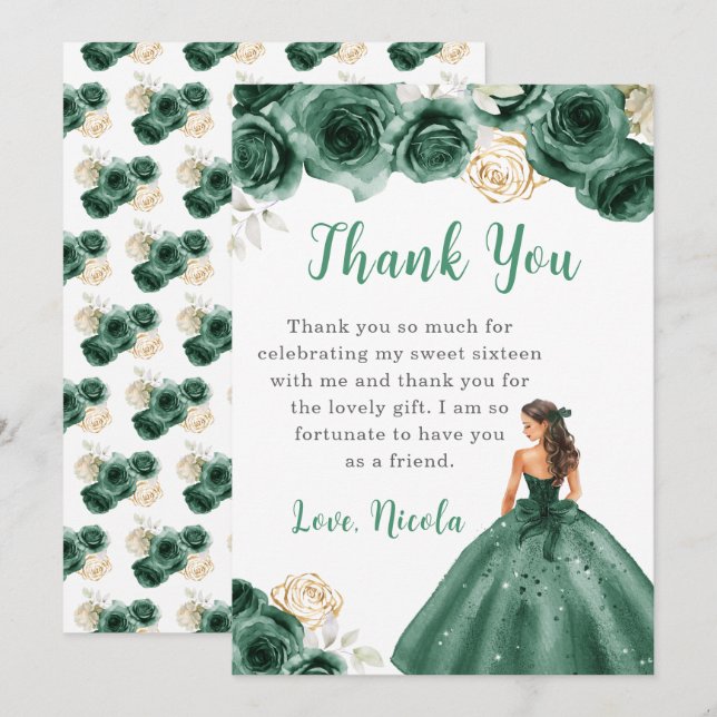 Carte De Remerciements Princesse dans une robe verte foncée Douce 16 Merc (Devant / Derrière)