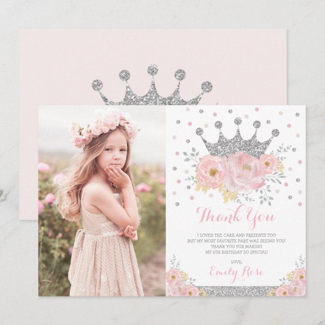 Carte De Remerciements Princesse de la Couronne rose pâle Silver Photo An (Devant / Derrière)