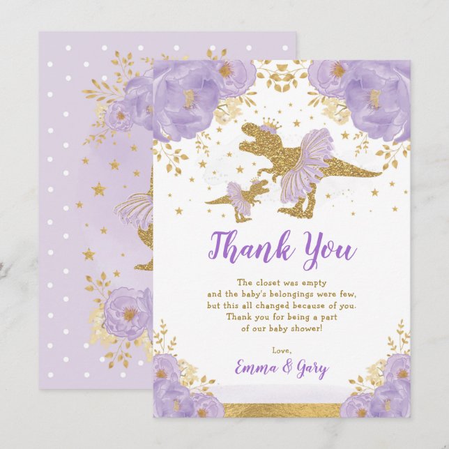 Carte De Remerciements Princesse d'or violet Dinosaur Tutu Tiara Baby Gir (Devant / Derrière)