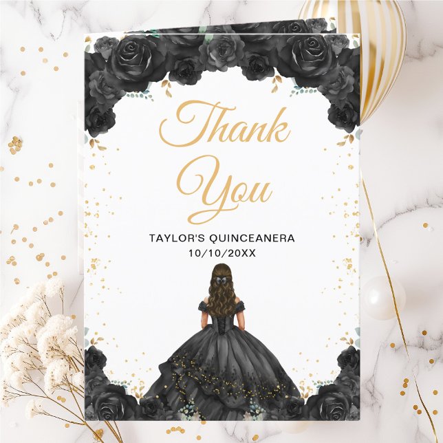 Carte De Remerciements Princesse noire Floral Quinceañera (Créateur téléchargé)