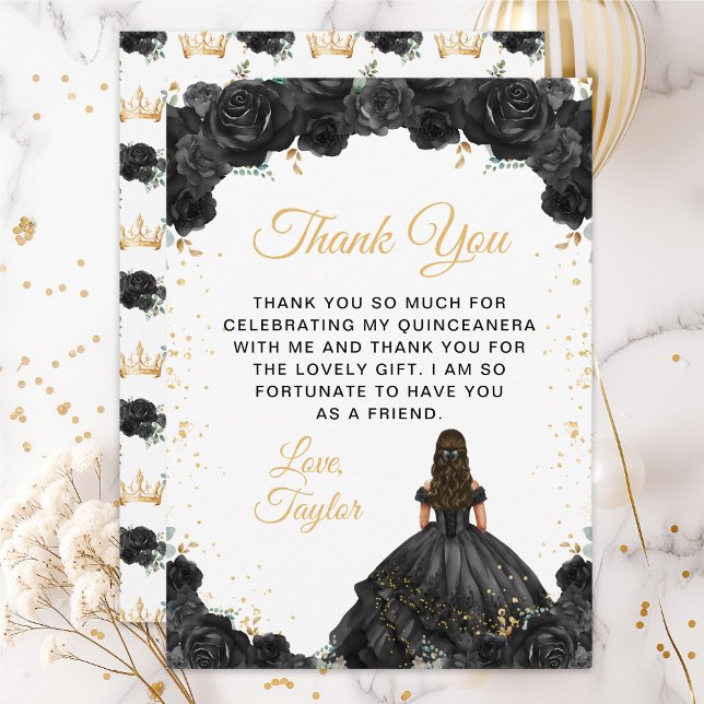 Carte De Remerciements Princesse noire Floral Quinceañera (Créateur téléchargé)
