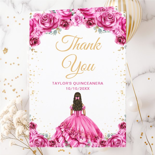 Carte De Remerciements Princesse rose chaude Floral Quinceañera (Créateur téléchargé)