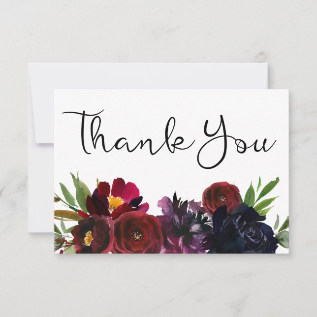 Carte De Remerciements Prune Bourguignon Marine Floral (Devant)