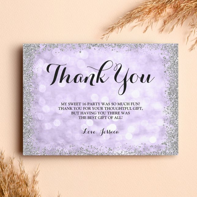 Carte De Remerciements Purple Argent Faux Parties scintillant Lumières Do (Créateur téléchargé)