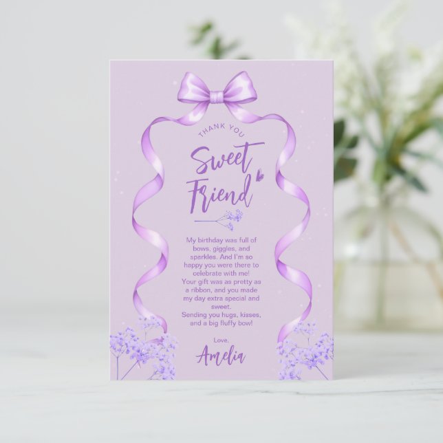 Carte De Remerciements Purple Bow Birthday (Debout devant)