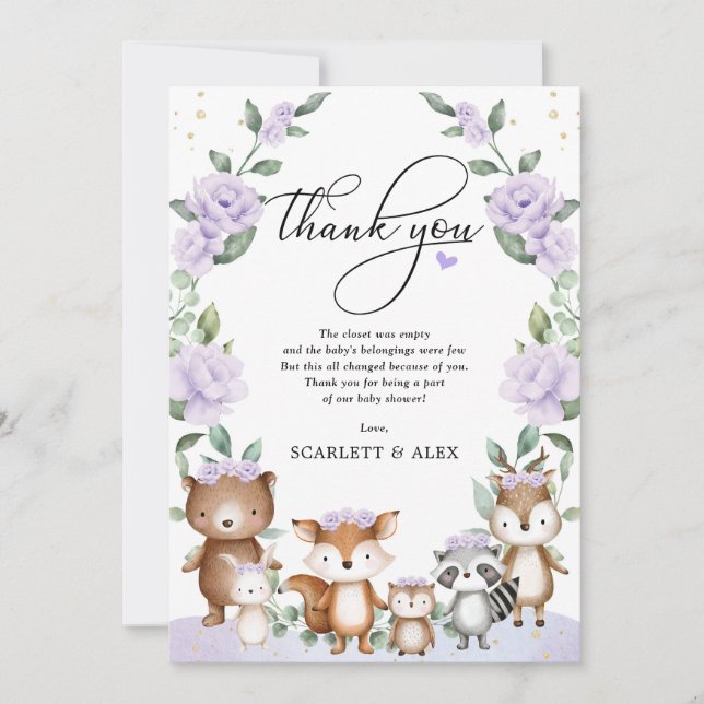 Carte De Remerciements Purple Floral Bois Vert Baby shower animal (Devant)
