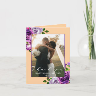 Carte De Remerciements Purple Floral Photo Wedding Folded 