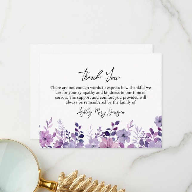 Carte De Remerciements Purple Flower Funeral Thank You Card Bereavement (Devant/Arrière en situation)